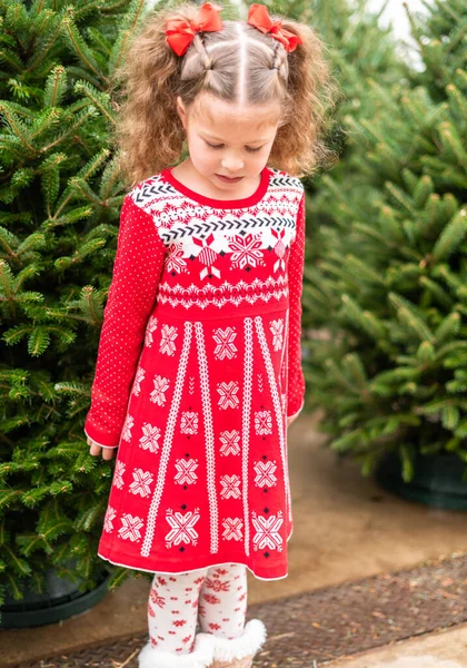 Little Girl Red Dress Christmas Tree Farm — Stock Photo, Image