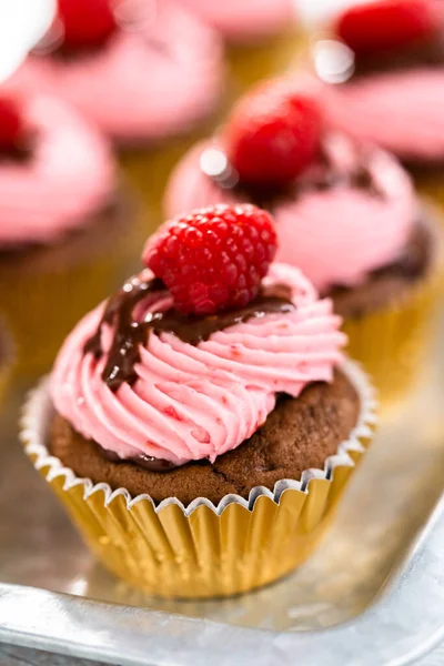 Gourmet Schokolade Himbeer Cupcakes Mit Schokolade Ganache Beträufelt Und Mit — Stockfoto