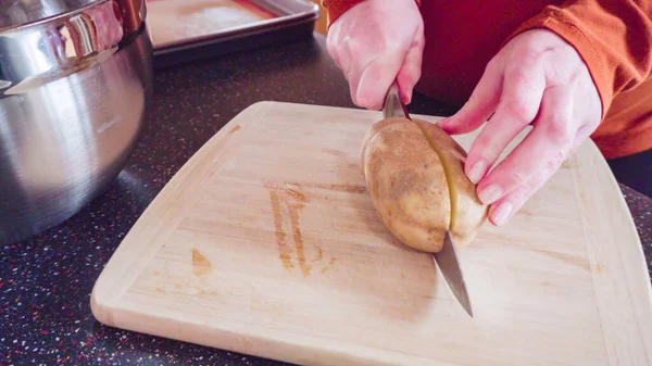 Preparing Potato Wedges Baking Sheet Oven — Stock Photo, Image