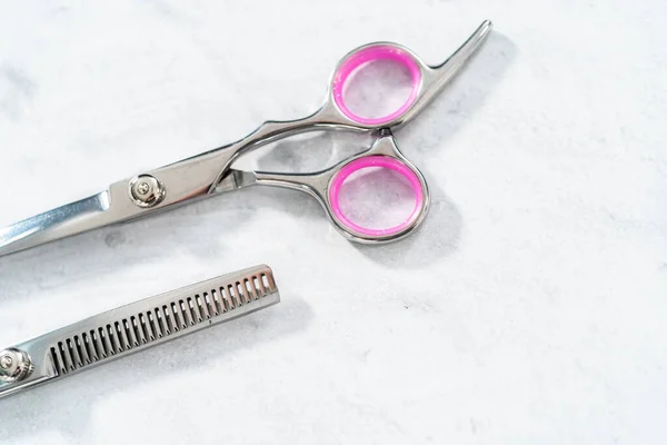 New Barber Pink Scissors Gray Background — Stock Photo, Image