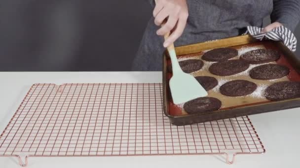 Paso Paso Enfriamiento Galletas Chocolate Recién Horneadas Estante Alambre — Vídeos de Stock