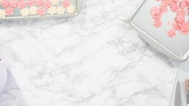 Düz yatıyordu. Adım adım. Çikolatalı kar tanelerinin tozunu alıyorum Parlak gıda tozuyla.