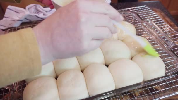 Baking Homemade Dinner Rolls Glass Baking Pan — Stock Video