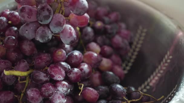 Waschen Roter Kernloser Trauben Edelstahlsieb — Stockvideo