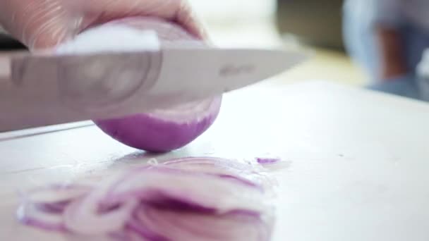 Slicing Purple Onion White Cutting Board — Stock Video