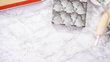 Düz yatıyordu. Dev Noel kurabiyeleriyle şekerli kurabiyeleri kesiyorum..