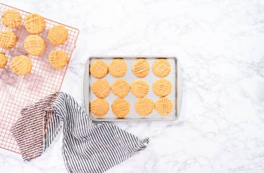 Düz yatıyordu. Fırında pişmiş fıstık ezmeli kurabiyeler..