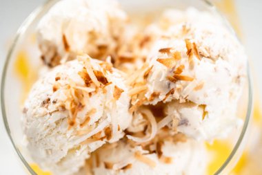 Ev yapımı hindistan cevizli dondurma. Kavrulmuş hindistan cevizli gevrek ve cam bir dondurma kasesi..