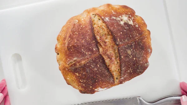 Flat lay. Freshly baked sourdough wheat bread.