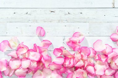 Düz yatıyordu. Boyanmış beyaz ahşap arka planda pembe güllerin yaprakları..