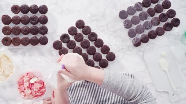 Mini Csokoládé Sütemények Díszítése Csokoládé Hópelyhekkel Cukormázzal — Stock videók
