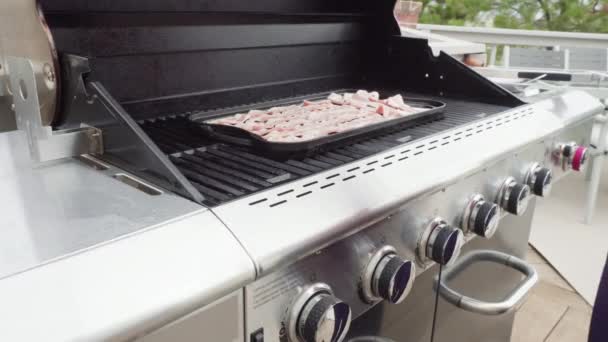 Cooking Bacon Stipes Outdoor Gas Grill — Stok Video