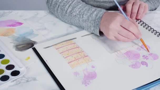 Lapso Tiempo Baker Está Dibujando Diseño Pastel Cumpleaños Con Acuarelas — Vídeos de Stock