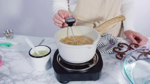 Крок Кроком Карамелізація Цукру Невеликому Горщику Приготування Їжі Над Маленькою — стокове відео