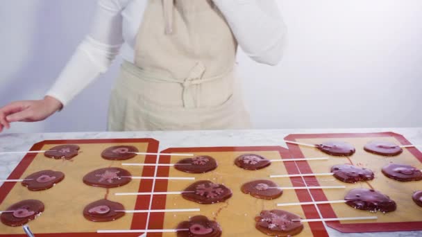 在硅胶烘焙垫上倒入焦糖制成自制棒棒糖 — 图库视频影像