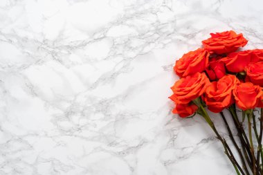 Düz yatıyordu. Mermer zemin üzerinde kırmızı bir buket.