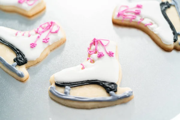 Decorating Sugar Cookies Shaped Figure Skates Royal Icing — Stock Photo, Image