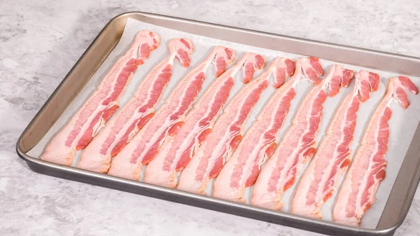 Step Step Uncooked Bacon Strips Baking Sheet White Parchment Paper — Stock Photo, Image