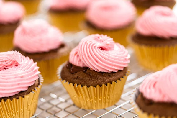 Frosting Chocolate Cupcakes Raspberry Cream Cheese Buttercream — Stock Photo, Image