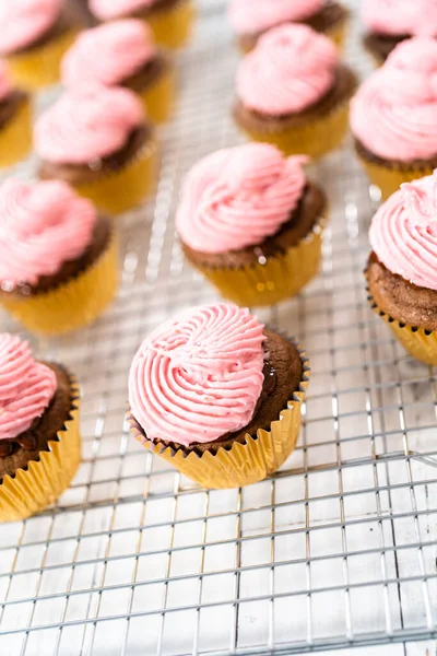 Frosting Schokolade Cupcakes Mit Himbeer Frischkäse Buttercreme — Stockfoto