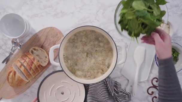 Cocinar Sopa Vegetariana Frijol Blanco Horno Holandés Hierro Fundido — Vídeo de stock