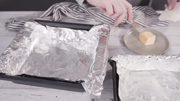 Step Step Greasing Baking Pan Make Homemade Fudge — Stock Video