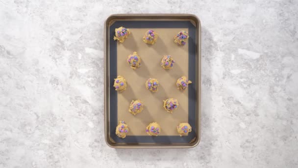 유니콘 초콜릿 쿠키와 무지개 초콜릿칩을 카운터에 — 비디오
