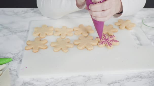 Icing Fulg Zăpadă Formă Zahăr Cookie Uri Glazură Regală Roz — Videoclip de stoc