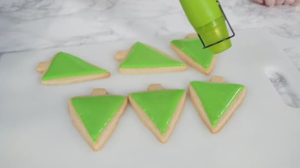 Icing Christmas Tree Shaped Sugar Cookies Green Royal Icing — Stock Video