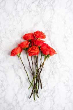 Düz yatıyordu. Mermer zemin üzerinde kırmızı bir buket.