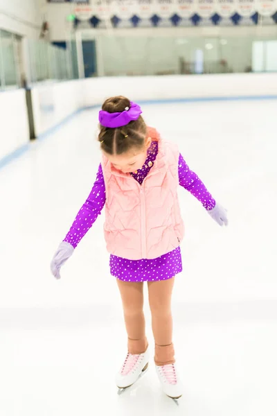 Little Girl Practicing Figure Skating Purple Dress Crystals Indoor Ice — Stock Photo, Image