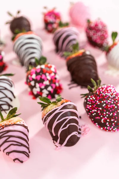 Variety Chocolate Dipped Strawberries Pink Background — Stock Photo, Image