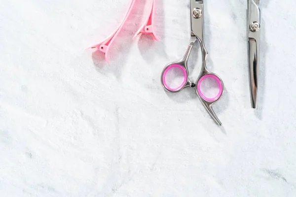 New Barber Pink Scissors Gray Background — Stock Photo, Image