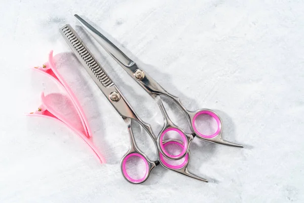 New Barber Pink Scissors Gray Background — Stock Photo, Image