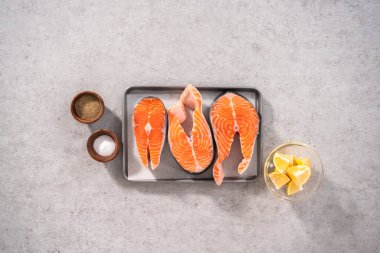 Düz yatıyordu. Izgarada somon bifteği hazırlamak için gerekli malzemeler..