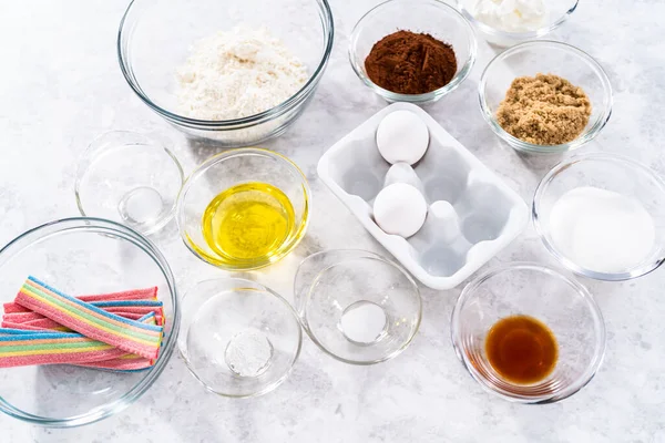 Ingredients Prepare Unicorn Rainbow Chocolate Cupcakes Counter — Stock Photo, Image