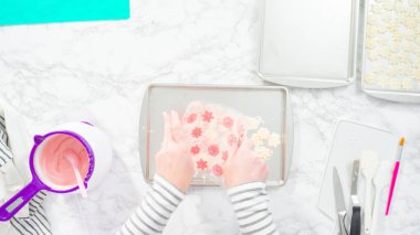 Düz yatıyordu. Adım adım. Çikolatalı kar tanelerini plastik çikolata kalıbından kurabiye tepsisine atmak..