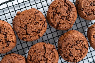 Soğutma dolabında taze pişmiş çift çikolatalı kurabiye..