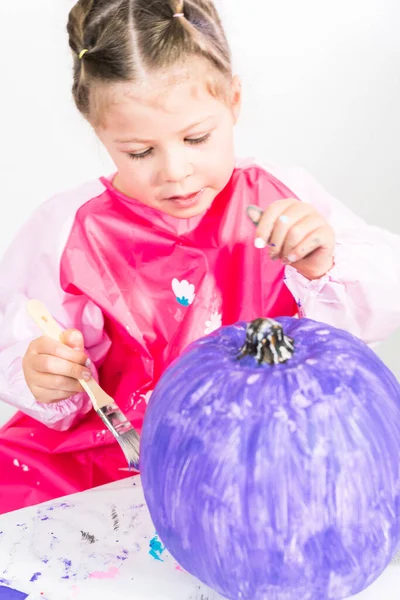 Little Girl Painting Small Craft Pumpkin Purple Acrylic Paint — Stock Photo, Image