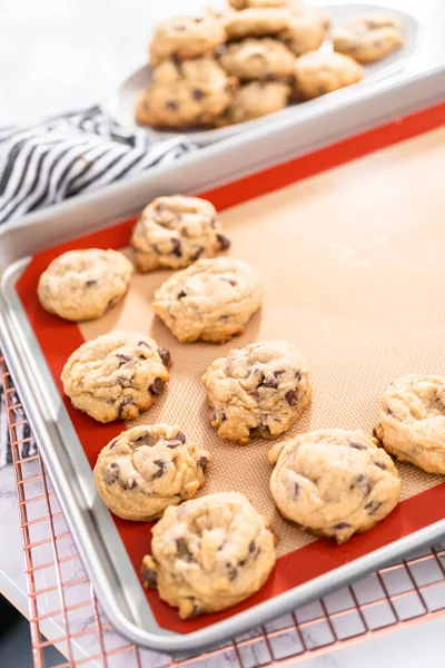 Biscotti Cioccolato Morbido Fatti Casa Appena Sfornati Una Teglia — Foto Stock