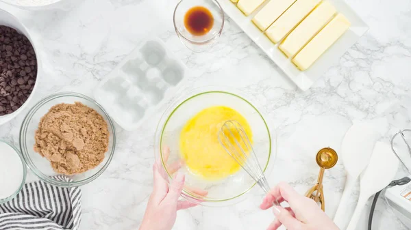 Paso Paso Acostado Mezclar Ingredientes Tazón Vidrio Para Hacer Galletas — Foto de Stock