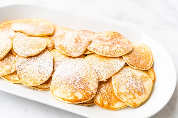 Freshly Made Small Pancakes Kefir Base Garnished Powdered Sugar — Stock Photo, Image