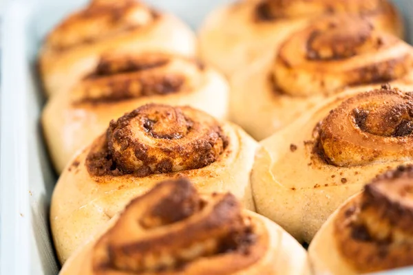 Vers Gebakken Kaneelbroodjes Een Blauwe Bakvorm — Stockfoto