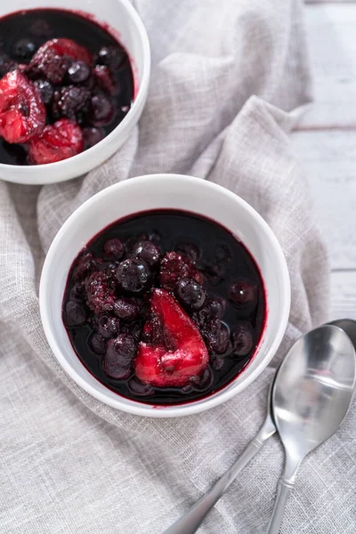 Homemade Mix Berry Compote Small White Bowls Wooden Table — Stock Photo, Image