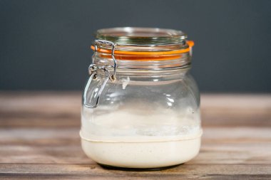 Ekşi mayalı ekmek pişirmek için cam bir mason kavanozunda başlangıç yapıyorum..