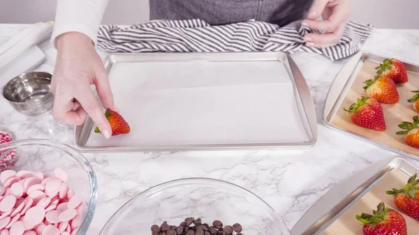 Schritt Für Schritt Arrangieren Von Bio Erdbeeren Auf Einem Backblech — Stockfoto