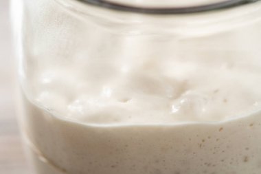 Ekşi mayalı ekmek pişirmek için cam bir mason kavanozunda başlangıç yapıyorum..