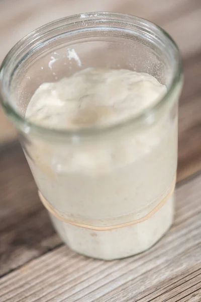 Feeding Sourdough Starter Glass Mason Jar Baking Artisan Bread — Stock Photo, Image