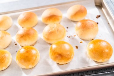 Parşömen kağıdıyla kaplanmış bir çarşafın üzerinde yumurta yıkama ile taze pişmiş yemek ruloları..