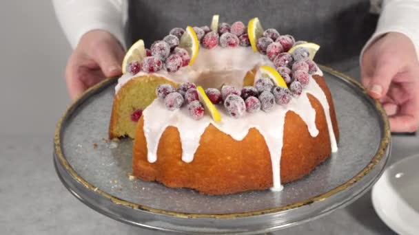 Gâteau Bundt Chocolat Avec Glaçage Chocolat Canneberges Fraîches Romarin Recouvert — Video